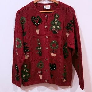 Talbots Vintage Hand Knit Linen Blend Holiday Christmas Cardigan Sweater Size PM